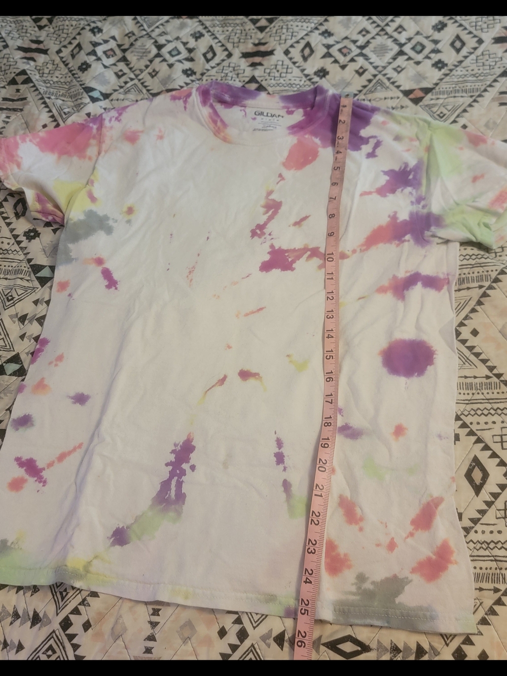Gildan White Tie-Dye Short Sleeve Tee with Pink Purple Green Accents